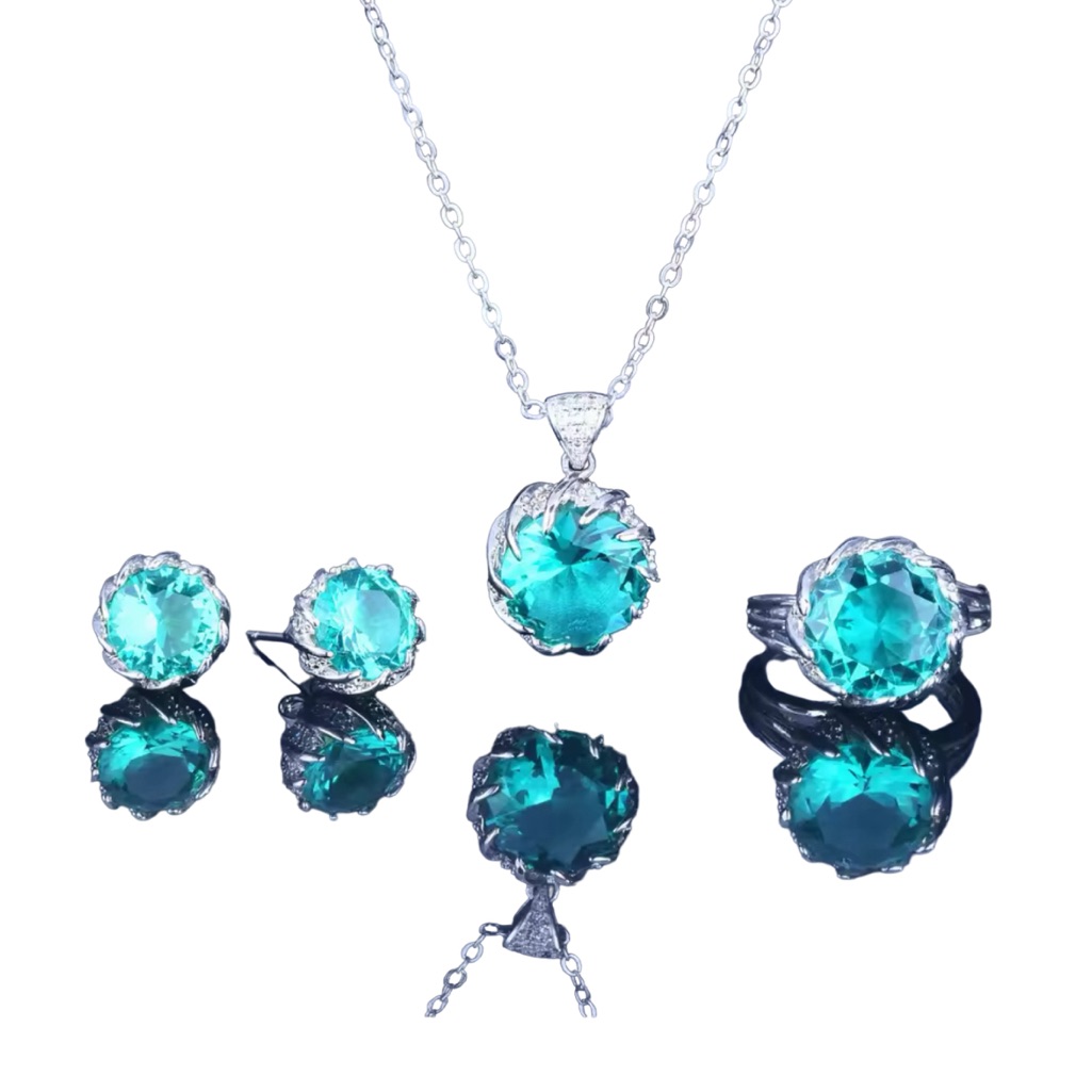 Aqua Green Zircon Earrings Adjustable Ring And Pendant Necklace Set 85$